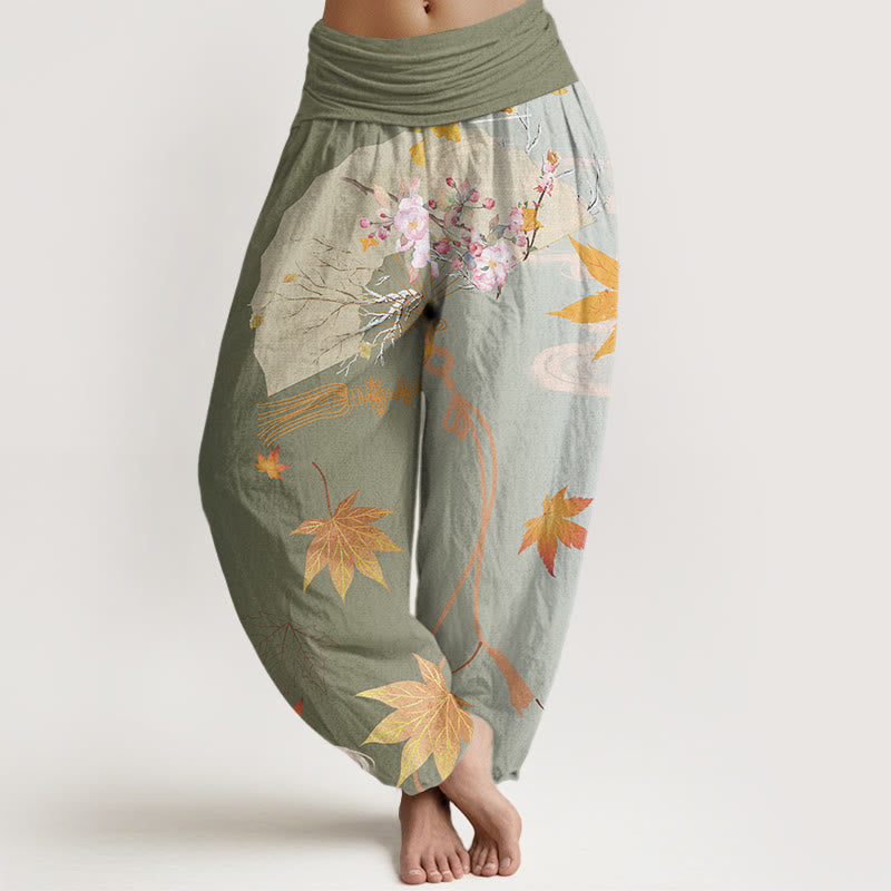 Buddha Stones Cotton Casual Folding Fan Flowers Maple Leaves Cloud Pattern Women's Elastic Waist Harem Pants - DarkSeaGreen - US22，UK/AU26，EU54 (6XL) - image 4
