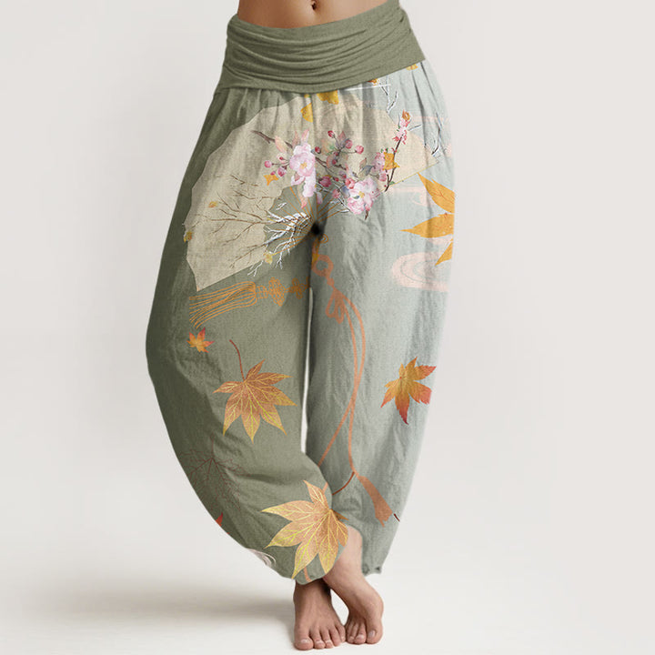 Buddha Stones Cotton Casual Folding Fan Flowers Maple Leaves Cloud Pattern Women's Elastic Waist Harem Pants - DarkSeaGreen - US22，UK/AU26，EU54 (6XL) - image 4