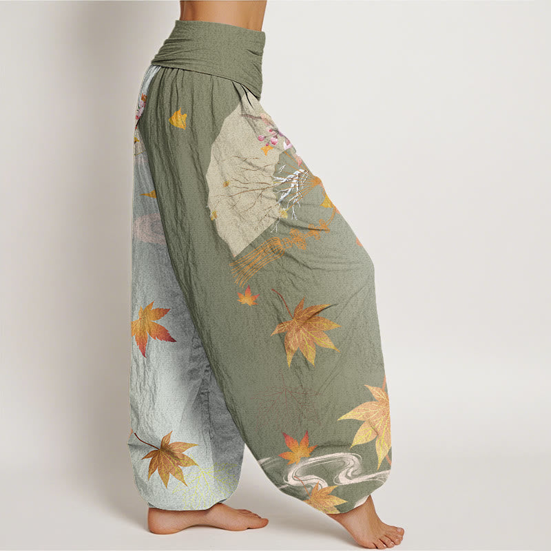 Buddha Stones Cotton Casual Folding Fan Flowers Maple Leaves Cloud Pattern Women's Elastic Waist Harem Pants - image 5