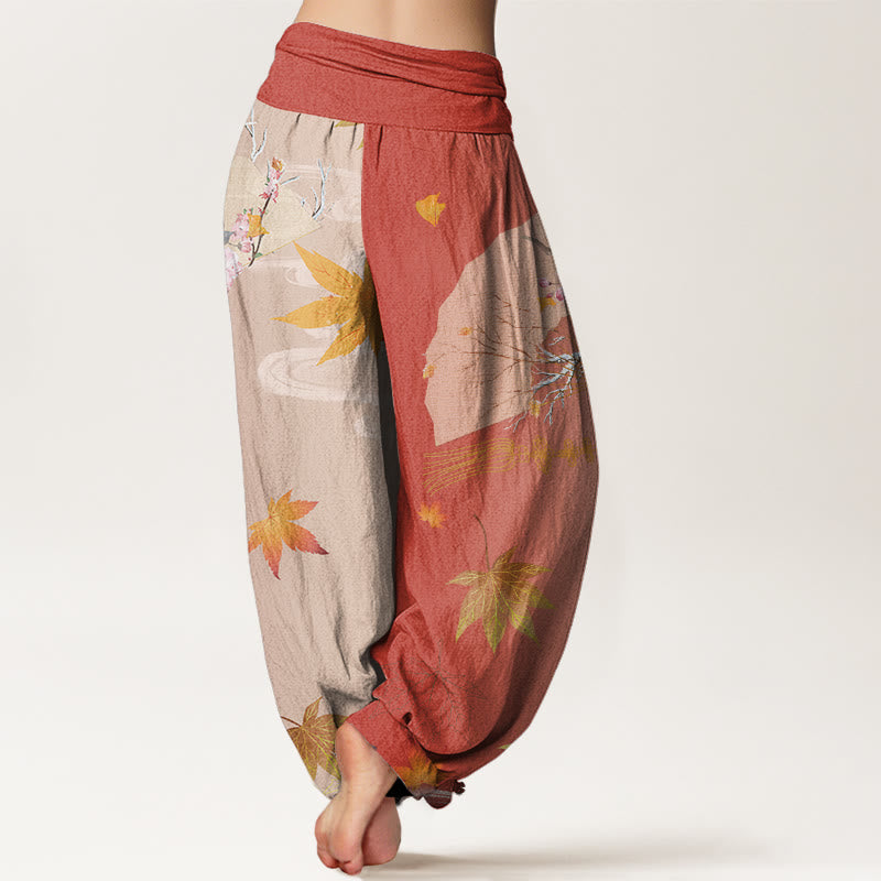 Buddha Stones Cotton Casual Folding Fan Flowers Maple Leaves Cloud Pattern Women's Elastic Waist Harem Pants - image 9
