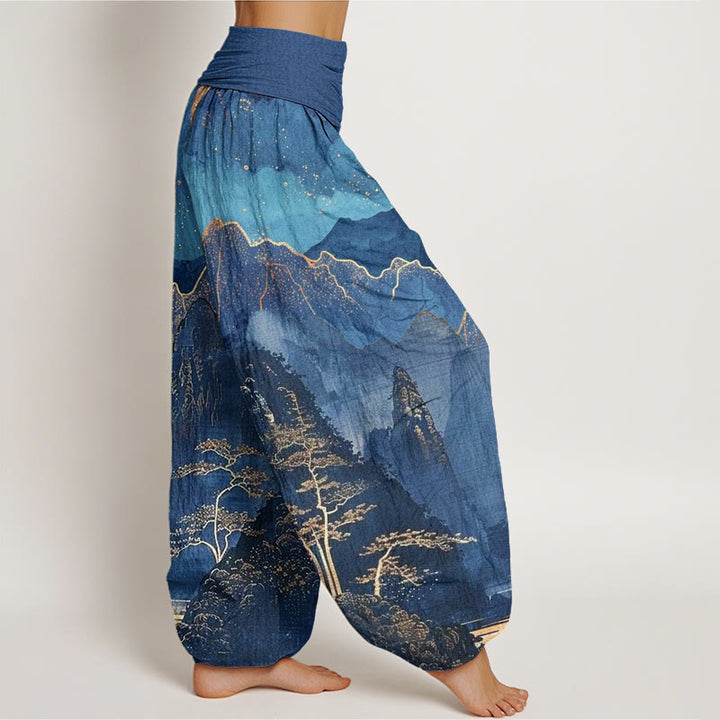 Buddha Stones Cotton Casual Full Moon Mountains Trees River Pattern Women's Elastic Waist Harem Pants - image 1