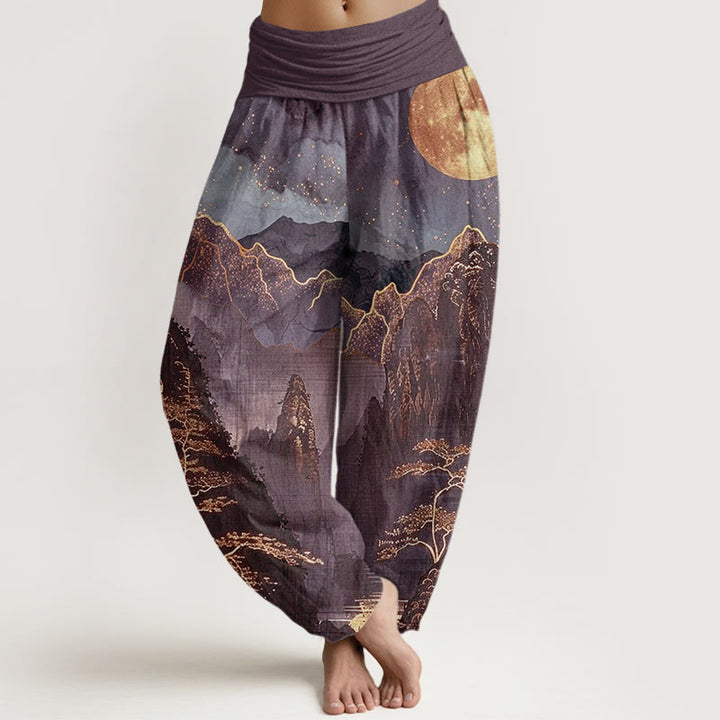 Buddha Stones Cotton Casual Full Moon Mountains Trees River Pattern Women's Elastic Waist Harem Pants - DarkMagenta - US22，UK/AU26，EU54 (6XL) - image 4