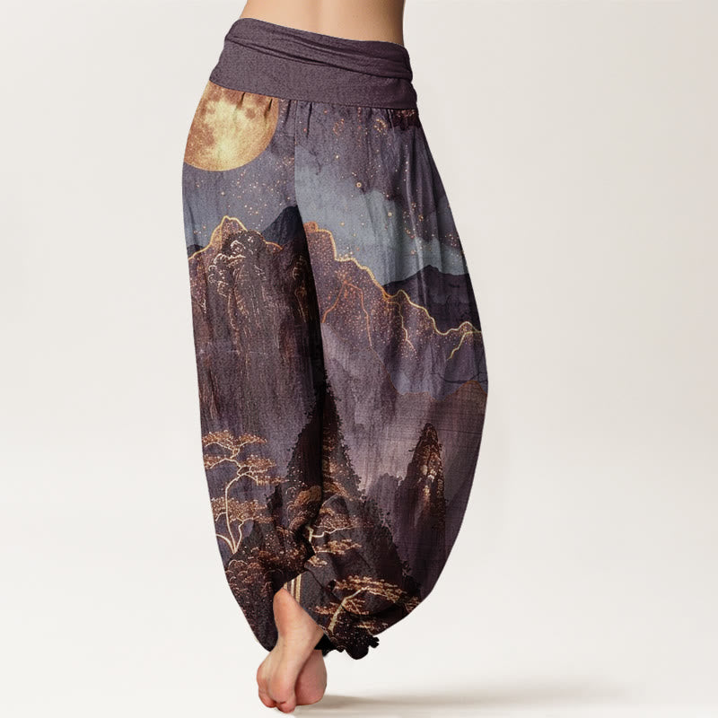 Buddha Stones Cotton Casual Full Moon Mountains Trees River Pattern Women's Elastic Waist Harem Pants - image 6
