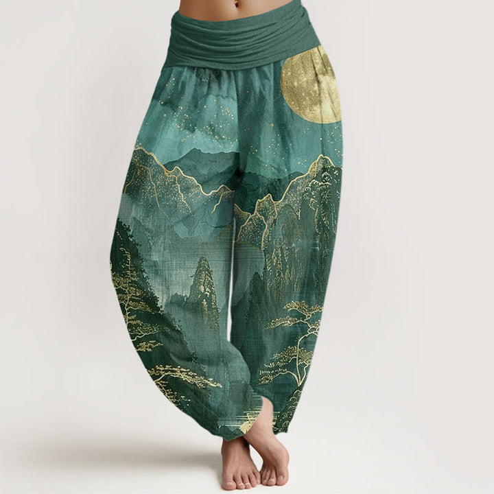 Buddha Stones Cotton Casual Full Moon Mountains Trees River Pattern Women's Elastic Waist Harem Pants - DarkCyan - US22，UK/AU26，EU54 (6XL) - image 7