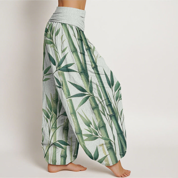 Buddha Stones Cotton Casual Bamboo Leaves Pattern Women's Elastic Waist Harem Pants - image 1