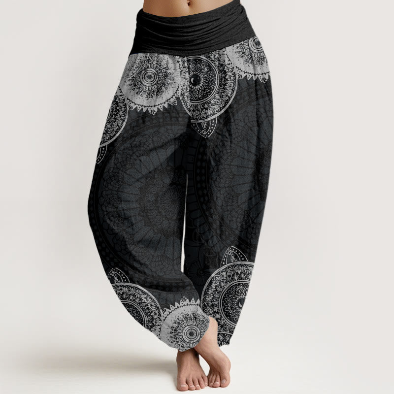 Buddha Stones Cotton Circular Mandala Design Women's Elastic Waist Harem Pants - Black - US22，UK/AU26，EU54 (6XL) - image 0