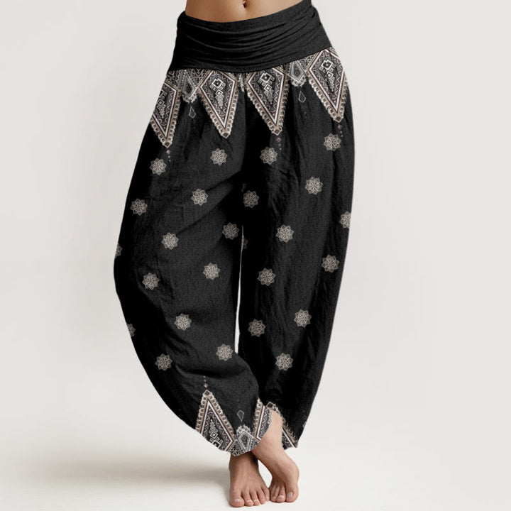 Buddha Stones Cotton Bohemian Geometric Floral Design Women's Elastic Waist Harem Pants - Black - US22，UK/AU26，EU54 (6XL) - image 0