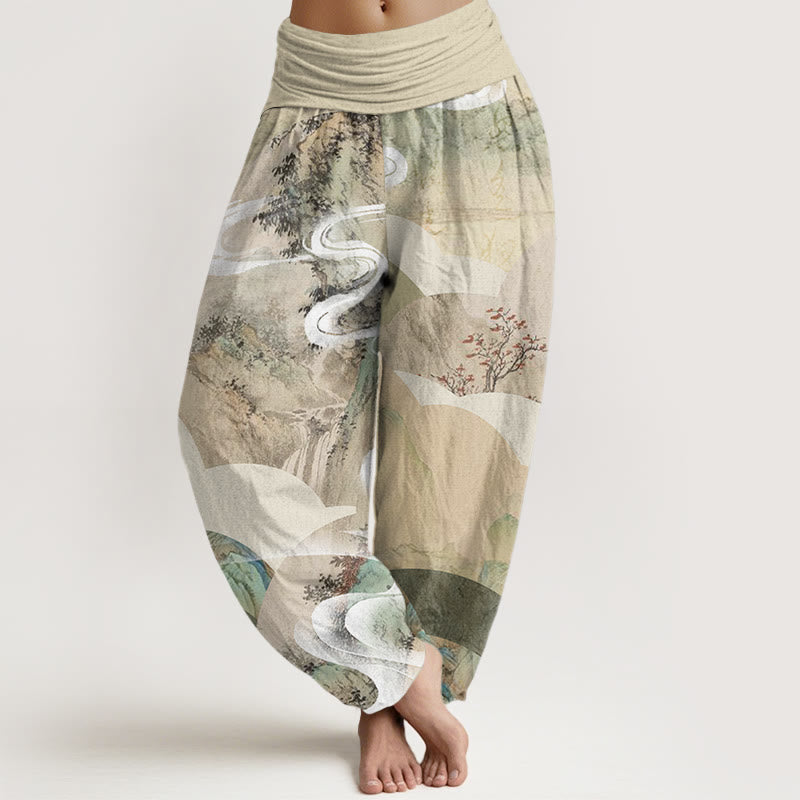Buddha Stones Cotton Chinese Landscape Mountains Rivers Mist Design Women's Elastic Waist Harem Pants - Beige - US22，UK/AU26，EU54 (6XL) - image 0