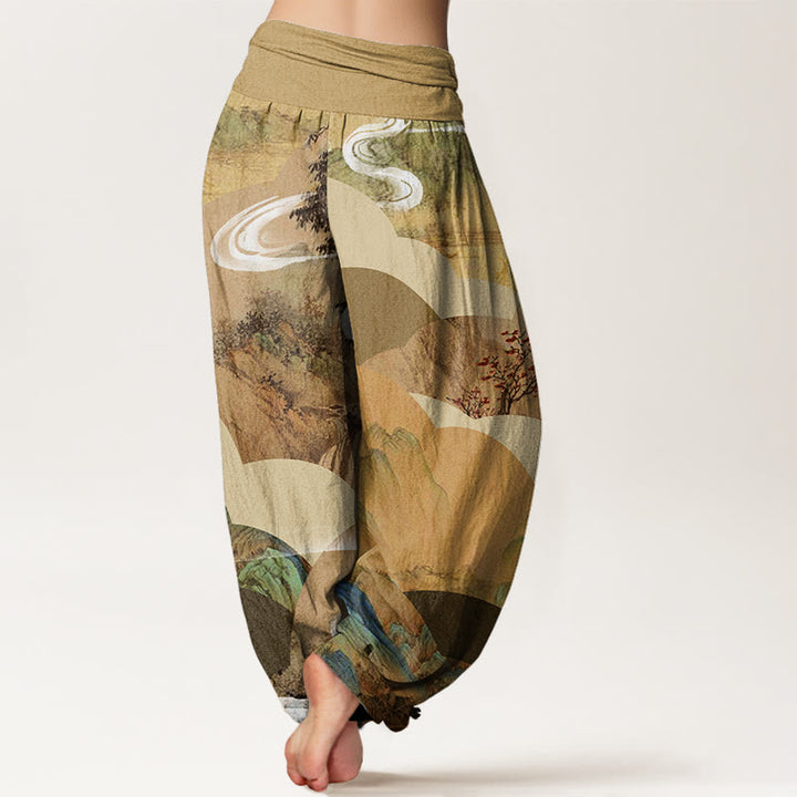 Buddha Stones Cotton Chinese Landscape Mountains Rivers Mist Design Women's Elastic Waist Harem Pants - image 5