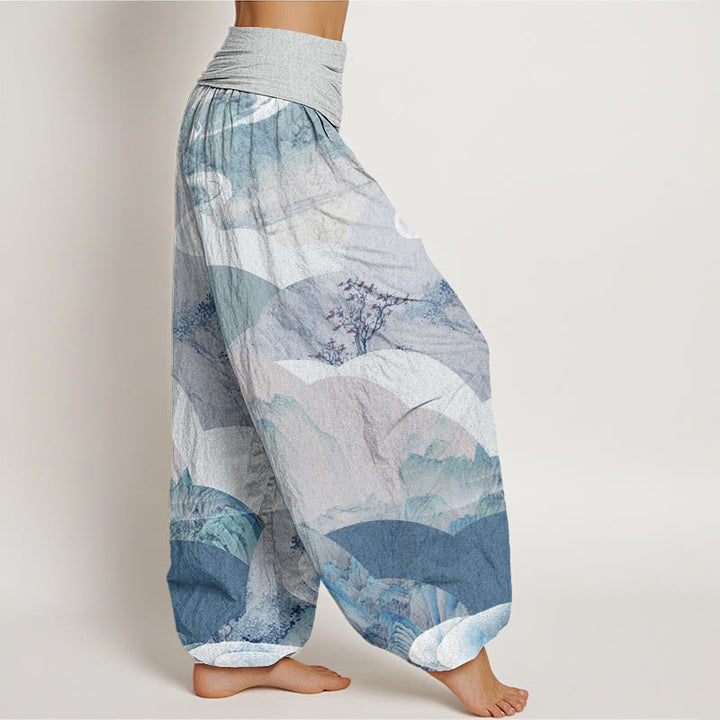 Buddha Stones Cotton Chinese Landscape Mountains Rivers Mist Design Women's Elastic Waist Harem Pants - image 9