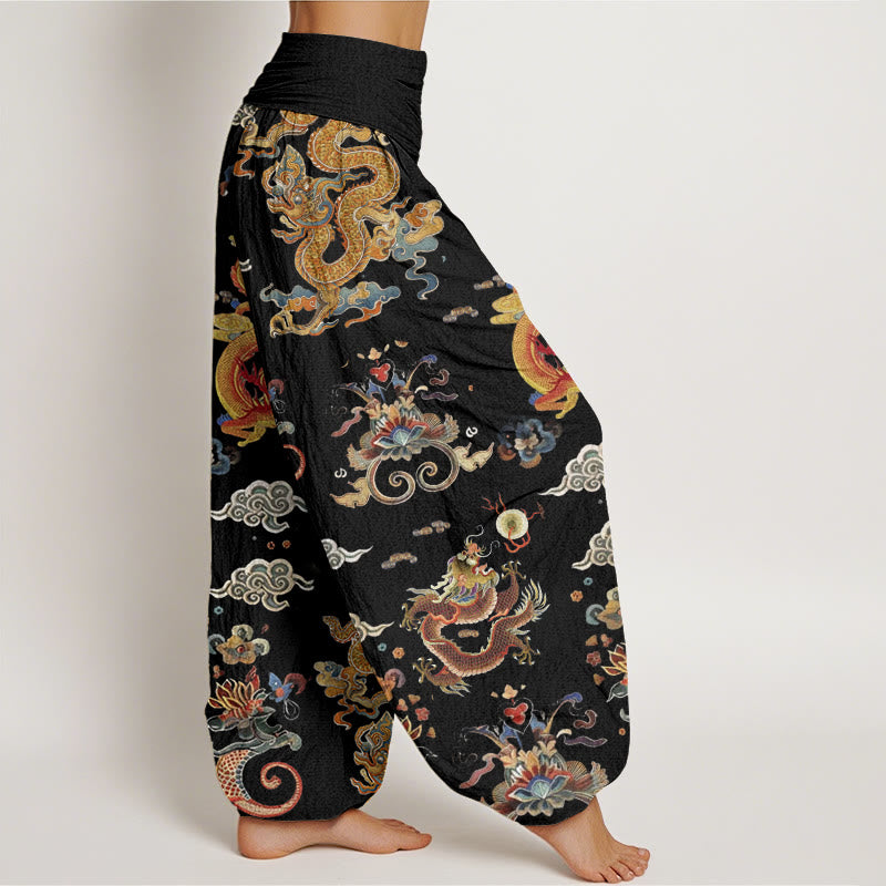 Buddha Stones Cotton Golden Dragons Auspicious Clouds Design Women's Elastic Waist Harem Pants - image 1