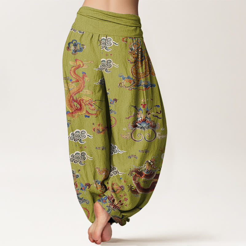 Buddha Stones Cotton Golden Dragons Auspicious Clouds Design Women's Elastic Waist Harem Pants - image 8