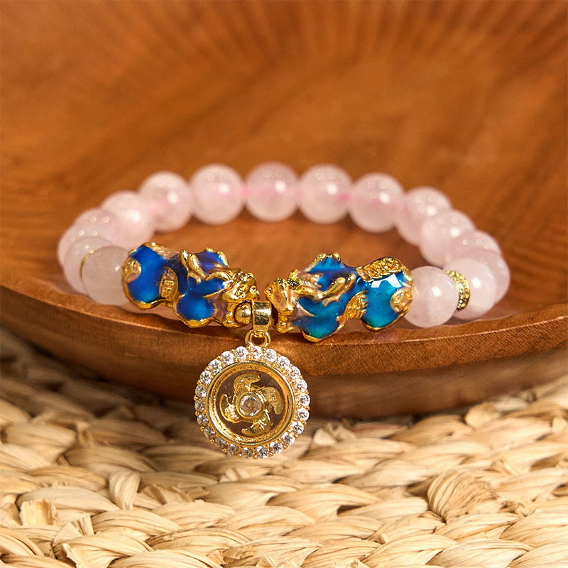 Buddha Stones Pink Crystal Color Change Double PiXiu Cyclone Charm Warmth Bracelet - Pink Crystal Pixiu(Wrist Circumference: 15-17cm) - image 0