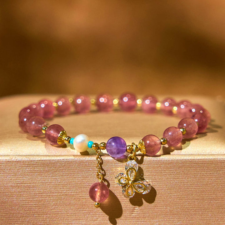 Buddha Stones Natural Strawberry Quartz Green Strawberry Quartz Butterfly Charm Love Bracelet - Strawberry Quartz(Wrist Circumference 14-16cm) - image 0