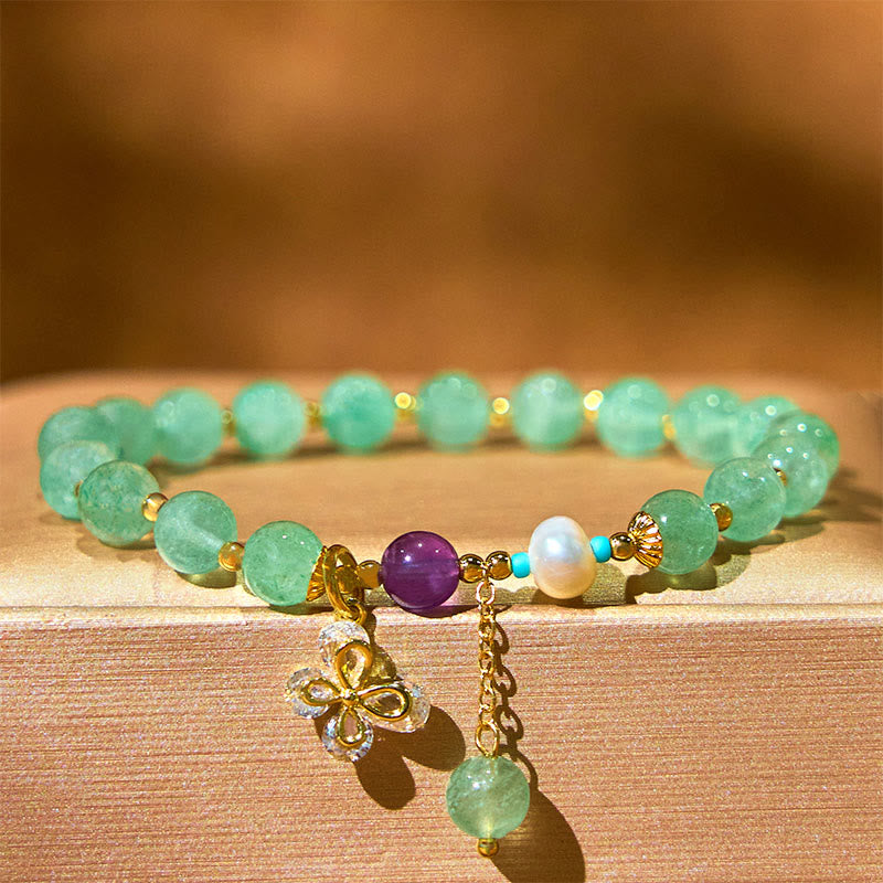 Buddha Stones Natural Strawberry Quartz Green Strawberry Quartz Butterfly Charm Love Bracelet - Green Strawberry Quartz(Wrist Circumference 14-16cm) - image 9