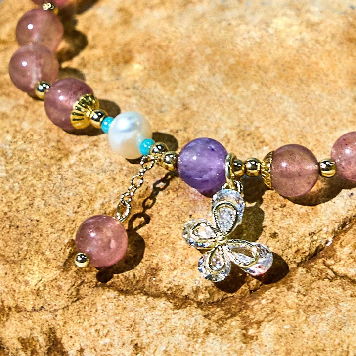 Buddha Stones Natural Strawberry Quartz Green Strawberry Quartz Butterfly Charm Love Bracelet - image 6