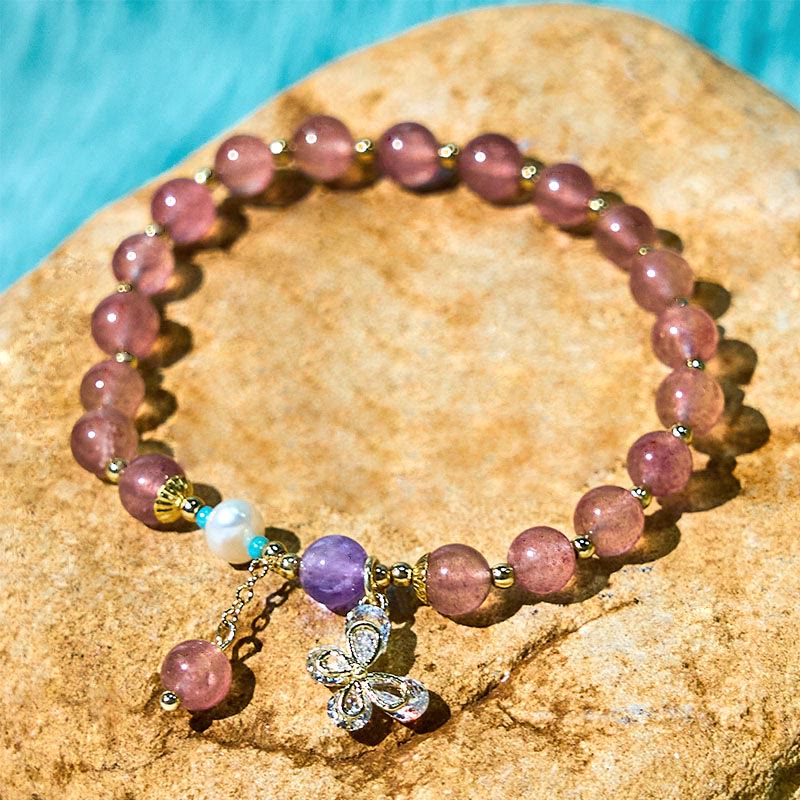 Buddha Stones Natural Strawberry Quartz Green Strawberry Quartz Butterfly Charm Love Bracelet - image 5