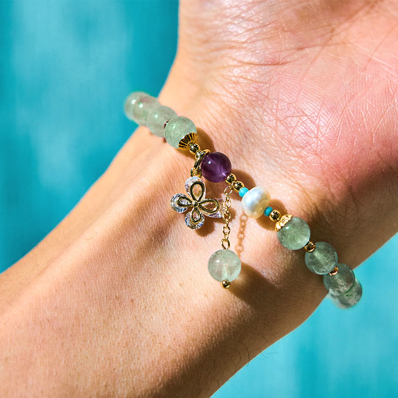 Buddha Stones Natural Strawberry Quartz Green Strawberry Quartz Butterfly Charm Love Bracelet - image 12