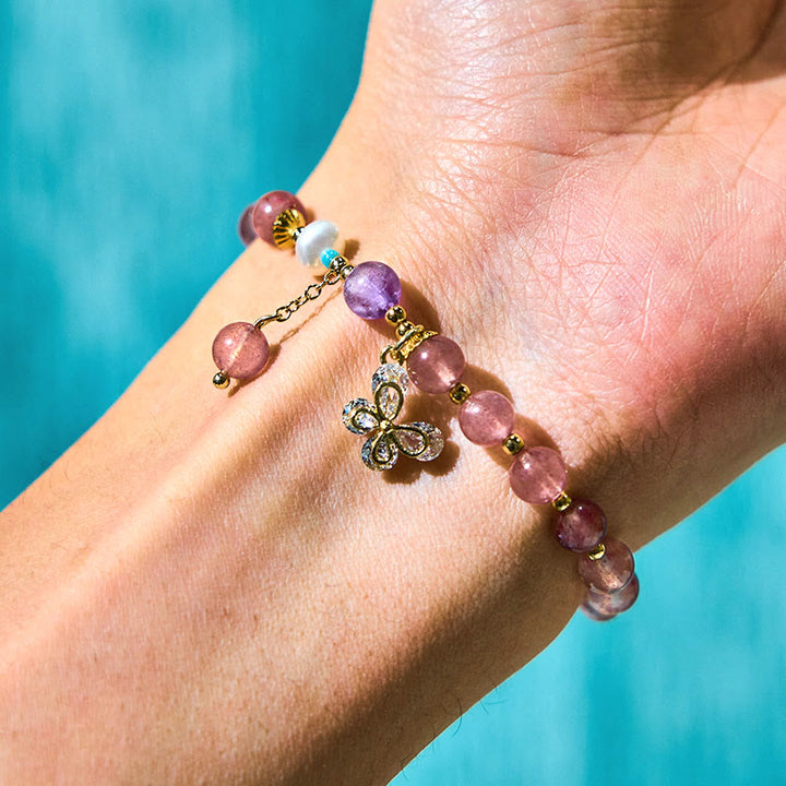 Buddha Stones Natural Strawberry Quartz Green Strawberry Quartz Butterfly Charm Love Bracelet - image 3