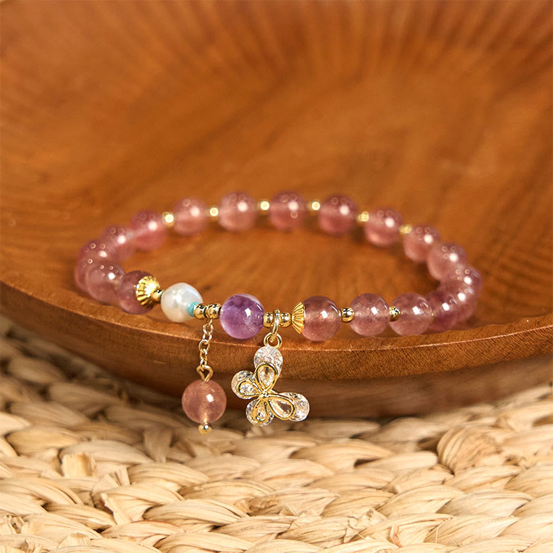 Buddha Stones Natural Strawberry Quartz Green Strawberry Quartz Butterfly Charm Love Bracelet - image 1