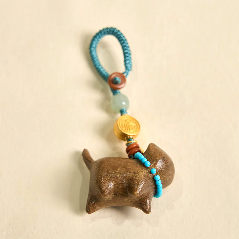 Buddha Stones Hetian Jade Natural Sandalwood Red Sandalwood Green Sandalwood Fu Character Abundance Key Chain - image 3