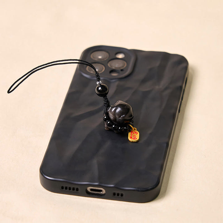 Buddha Stone Silver Sheen Obsidian Puppy Dog Fu Character Protection Necklace Phone Hanging Decoration - image 2