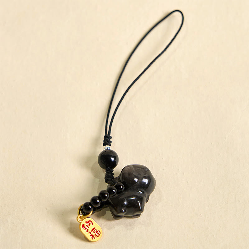Buddha Stone Silver Sheen Obsidian Puppy Dog Fu Character Protection Necklace Phone Hanging Decoration - image 1