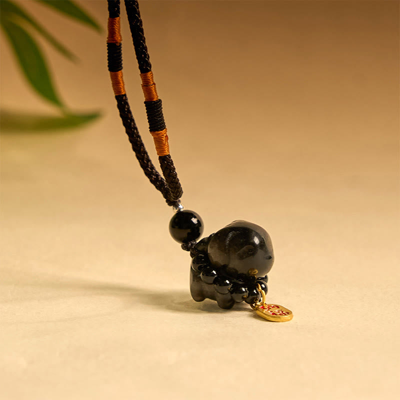 Buddha Stone Silver Sheen Obsidian Puppy Dog Fu Character Protection Necklace Phone Hanging Decoration - image 11