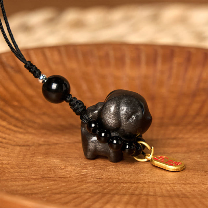 Buddha Stone Silver Sheen Obsidian Puppy Dog Fu Character Protection Necklace Phone Hanging Decoration - Silver Sheen Obsidian Phone Hanging Decoration - image 0