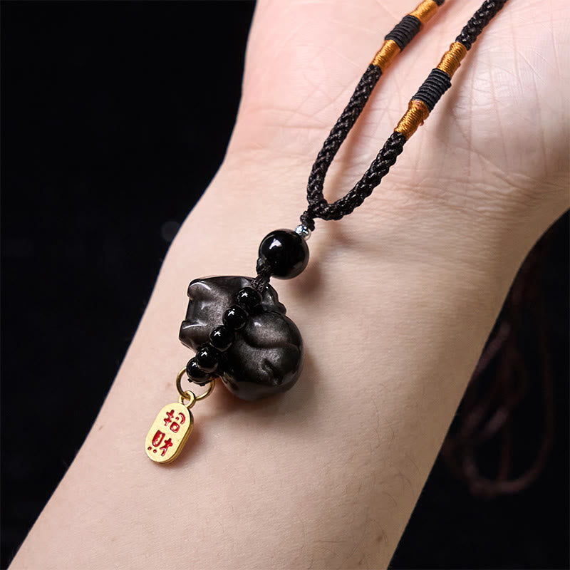 Buddha Stone Silver Sheen Obsidian Puppy Dog Fu Character Protection Necklace Phone Hanging Decoration - image 14