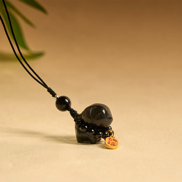 Buddha Stone Silver Sheen Obsidian Puppy Dog Fu Character Protection Necklace Phone Hanging Decoration - image 4