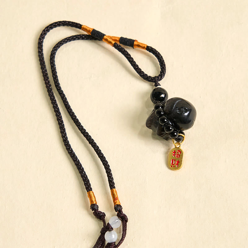 Buddha Stone Silver Sheen Obsidian Puppy Dog Fu Character Protection Necklace Phone Hanging Decoration - image 15