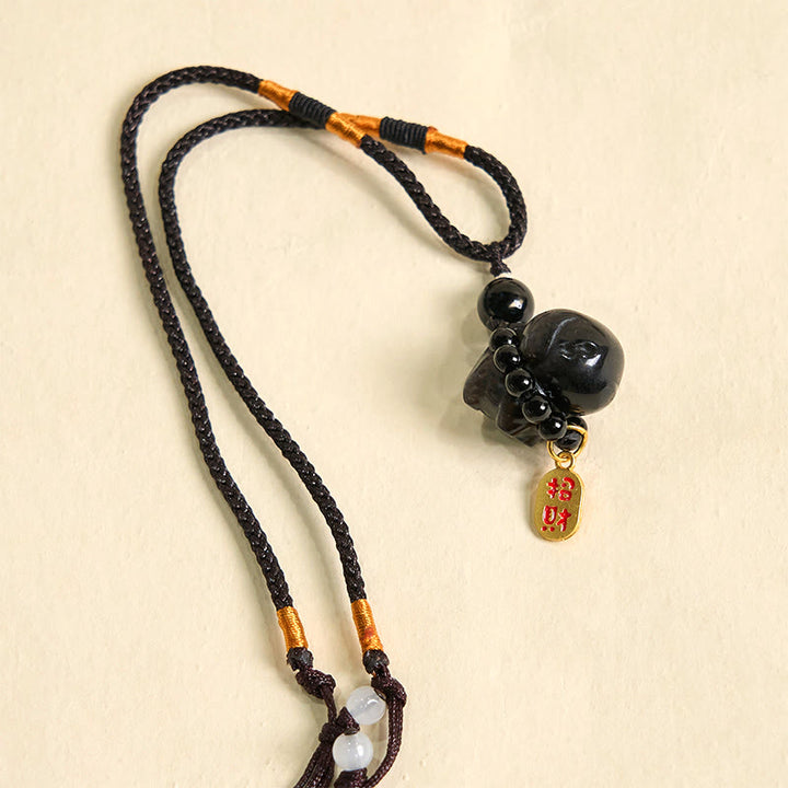 Buddha Stone Silver Sheen Obsidian Puppy Dog Fu Character Protection Necklace Phone Hanging Decoration - image 15