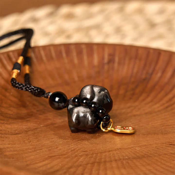 Buddha Stone Silver Sheen Obsidian Puppy Dog Fu Character Protection Necklace Phone Hanging Decoration - image 12