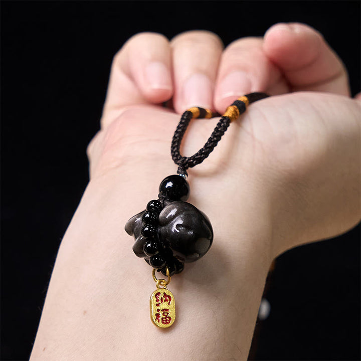 Buddha Stone Silver Sheen Obsidian Puppy Dog Fu Character Protection Necklace Phone Hanging Decoration - image 13
