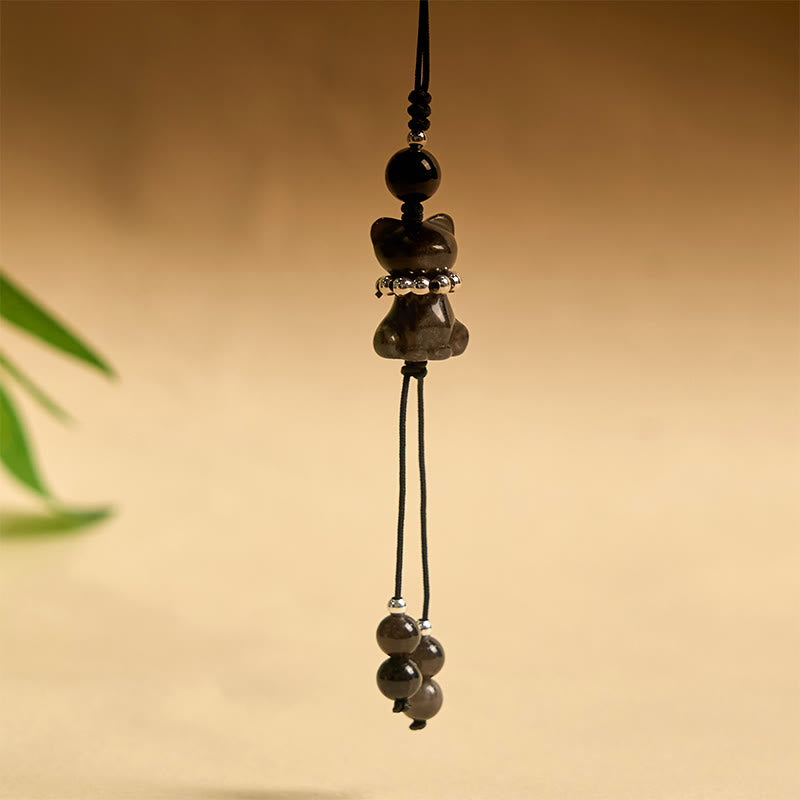 Buddha Stone Natural Silver Sheen Obsidian Noble Kitten Cat Soothing Phone Hanging Decoration - image 1