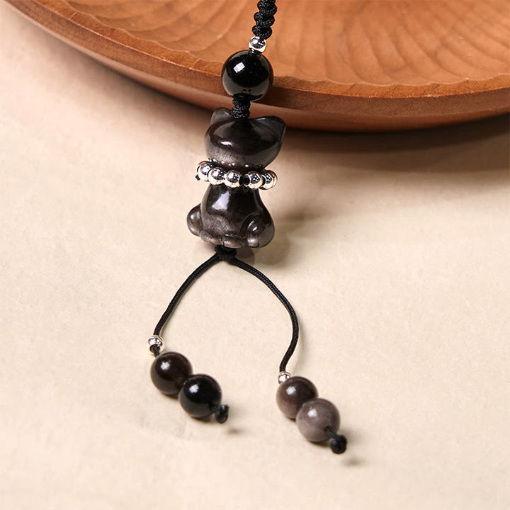 Buddha Stone Natural Silver Sheen Obsidian Noble Kitten Cat Soothing Phone Hanging Decoration - Silver Sheen Obsidian - image 0