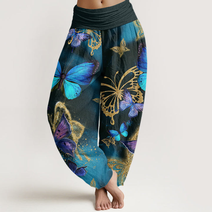 Buddha Stones Cotton Casual Butterfly Gold Pattern Women's Elastic Waist Harem Pants - DarkSlateGray - US22，UK/AU26，EU54 (6XL) - image 0