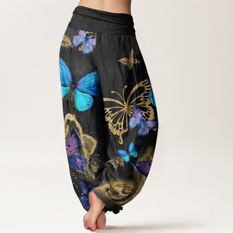 Buddha Stones Cotton Casual Butterfly Gold Pattern Women's Elastic Waist Harem Pants - image 9