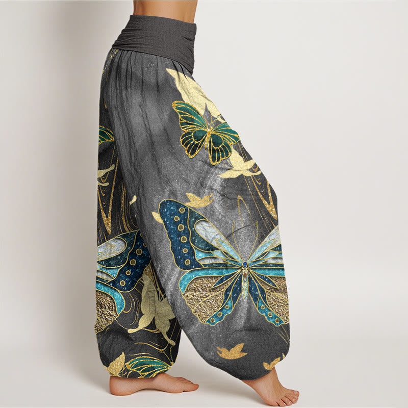 Buddha Stones Cotton Casual Butterfly Gold Line Pattern Women's Elastic Waist Harem Pants - image 1