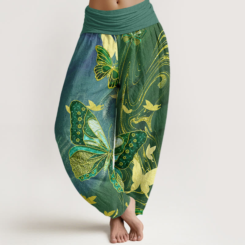 Buddha Stones Cotton Casual Butterfly Gold Line Pattern Women's Elastic Waist Harem Pants - CadetBlue - US22，UK/AU26，EU54 (6XL) - image 4
