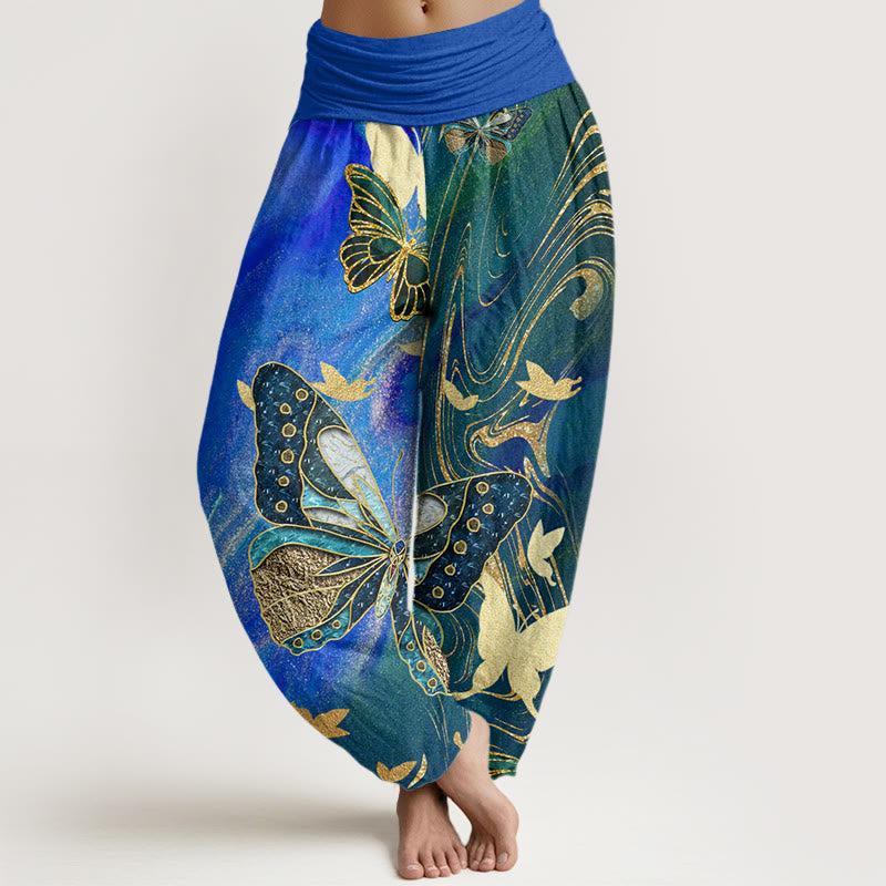 Buddha Stones Cotton Casual Butterfly Gold Line Pattern Women's Elastic Waist Harem Pants - Blue - US22，UK/AU26，EU54 (6XL) - image 7