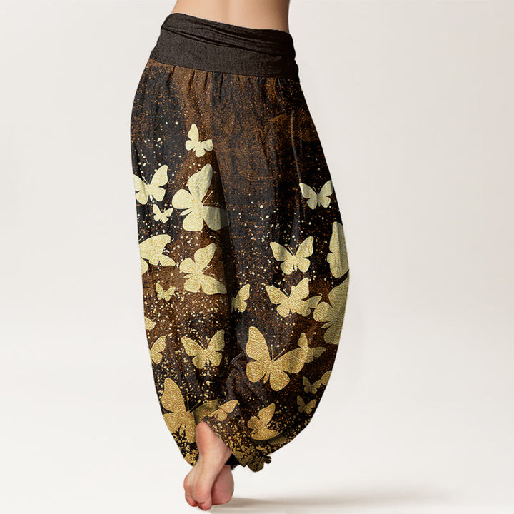Buddha Stones Cotton Casual Golden Butterfly Pattern Women's Elastic Waist Harem Pants - image 6