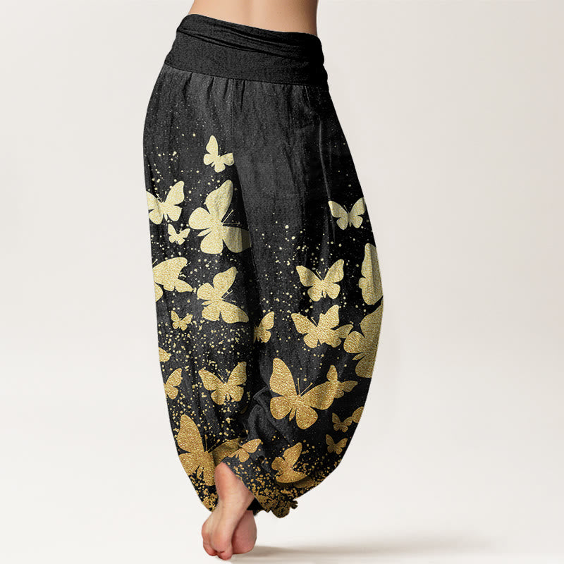Buddha Stones Cotton Casual Golden Butterfly Pattern Women's Elastic Waist Harem Pants - image 9