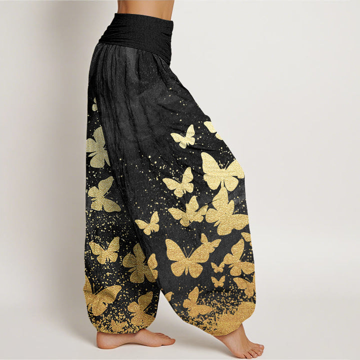 Buddha Stones Cotton Casual Golden Butterfly Pattern Women's Elastic Waist Harem Pants - image 8