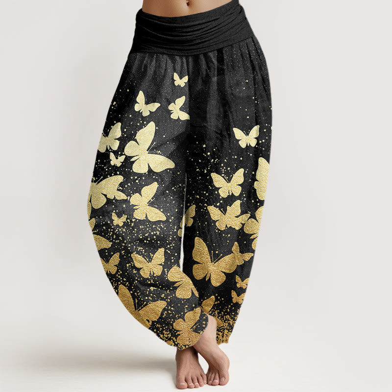 Buddha Stones Cotton Casual Golden Butterfly Pattern Women's Elastic Waist Harem Pants - Black - US22，UK/AU26，EU54 (6XL) - image 7