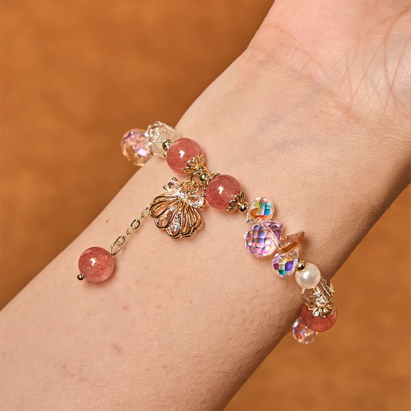 Buddha Stones Natural Strawberry Quartz Pearl Shell Positive Bracelet - image 2