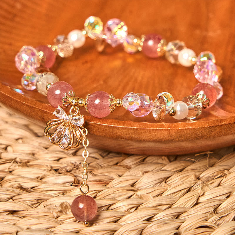 Buddha Stones Natural Strawberry Quartz Pearl Shell Positive Bracelet - image 1