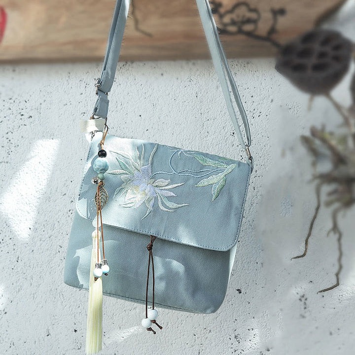 Buddha Stones Plain Embroidered LightBlue Epiphyllum Cotton Linen Crossbody Bag Shoulder Bag - LightBlue Epiphyllum 17*19cm - image 0