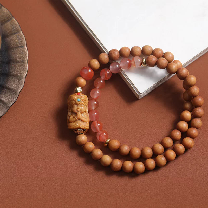 Buddha Stones Tibetan Zakiram Goddess Of  Wealth South Red Agate Sandalwood Fortune Bracelet - Sandalwood & South Red Agate(Wrist Circumference: 13-21cm) - image 0